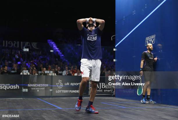 Mohamed ElShorbagy of Egypt reacts after victory over his brother Marwan ElShorbagy of Egypt in the Men's Final of the AJ Bell PSA World Squash...