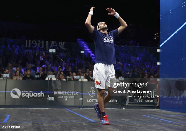Mohamed ElShorbagy of Egypt reacts after victory over his brother Marwan ElShorbagy of Egypt in the Men's Final of the AJ Bell PSA World Squash...