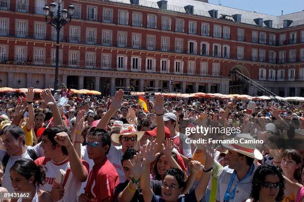 Plaza Mayor. Madrid . Hundreds of people had packed the Plaza Mayor in Madrid from early morning to follow the International Olympic Committee vote...