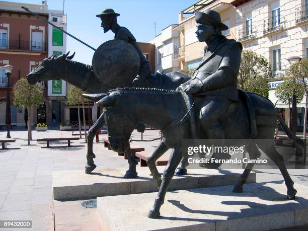 July 13, 2005. Alcazar de San Juan, Ciudad Real . Monument to Don Quixote and Sancho Panza.