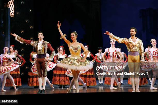 Dancer Audric Bezard, Star dancer Ludmila Pagliero , Star dancer Mathias Heymann and Dancers acknowledge the applause of the audience at the end of...