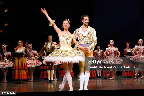 Star dancer Ludmila Pagliero , Star dancer Mathias Heymann and Dancers acknowledge the applause of the audience at the end of "Don Quichotte" during...