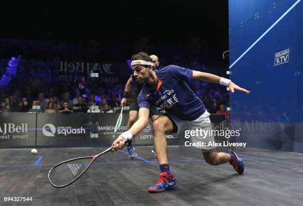 Mohamed ElShorbagy of Egypt plays a forehand shot against Marwan ElShorbagy of Egypt during the Men's Final of the AJ Bell PSA World Squash...