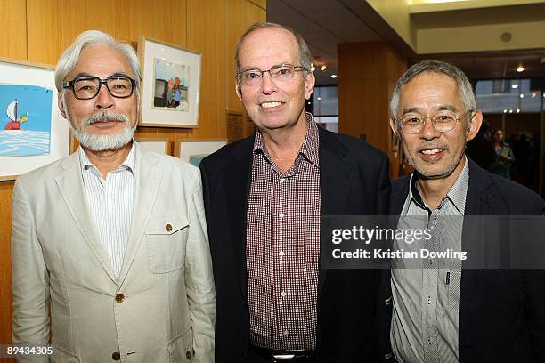 Disney VP Brett Dicker poses with Japanese film maker Hayao Miyazaki and producer Toshio Suzuki at the AMPAS' 14th Annual Marc Davis Celebration of...