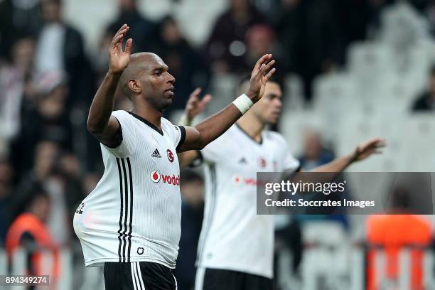 Ryan Babel of Besiktas celebrates the victory with the match ball after his hattrick during the Turkish Super lig match between Besiktas v...