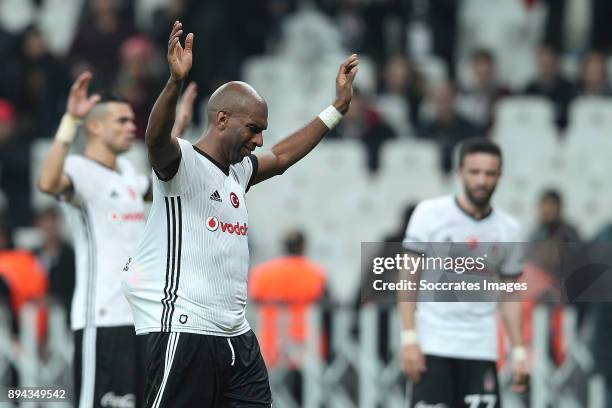 Ryan Babel of Besiktas celebrates the victory with the match ball after his hattrick during the Turkish Super lig match between Besiktas v...