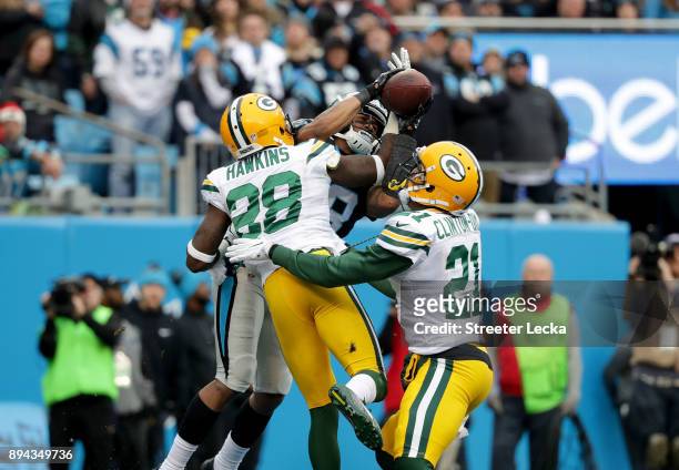 Damiere Byrd of the Carolina Panthers catches a touchdown pass against the Green Bay Packers in the third quarter during their game at Bank of...