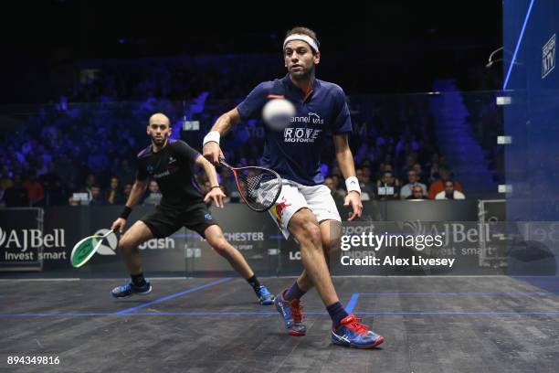 Mohamed ElShorbagy of Egypt plays a backhand shot against Marwan ElShorbagy of Egypt during the Men's Final of the AJ Bell PSA World Squash...