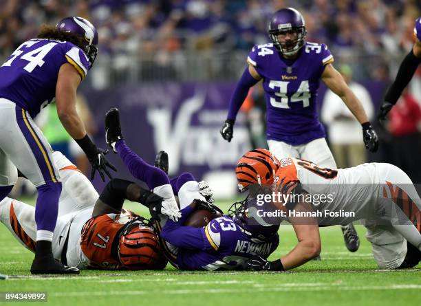 Terence Newman of the Minnesota Vikings intercepts the ball in the third quarter of the game against the Cincinnati Bengals on December 17, 2017 at...