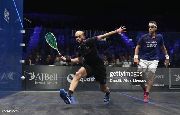 Marwan ElShorbagy of Egypt plays a forehand shot against Mohamed ElShorbagy of Egypt during the Men's Final of the AJ Bell PSA World Squash...