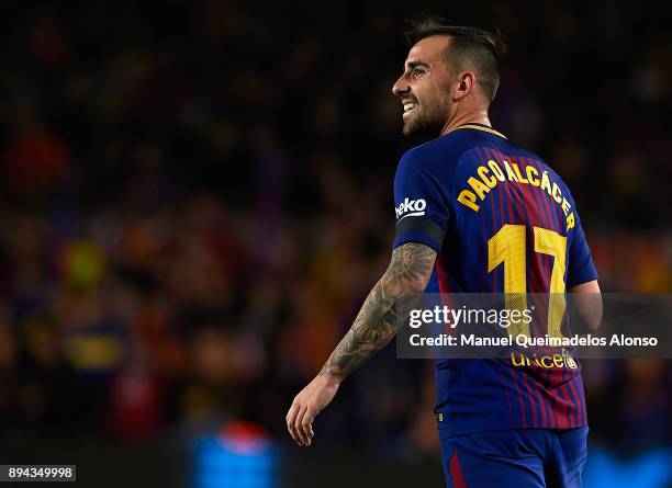 Paco Alcacer of Barcelona reacts during the La Liga match between Barcelona and Deportivo de La Coruna at Camp Nou on December 17, 2017 in Barcelona,...