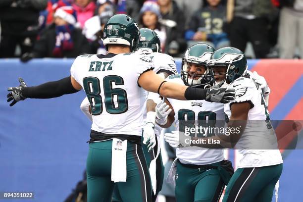 Trey Burton of the Philadelphia Eagles celebrates with teammate Zach Ertz scoring a 13 yard touchdown pass against the New York Giants during the...