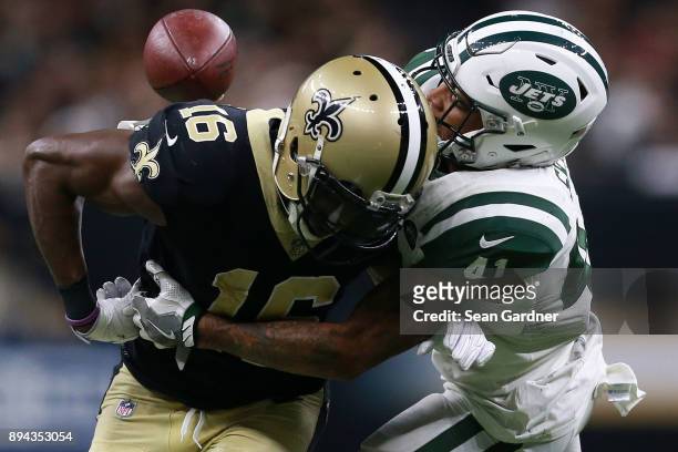 Cornerback Buster Skrine of the New York Jets forces a fumble on wide receiver Brandon Coleman of the New Orleans Saintsduring the second half of a...