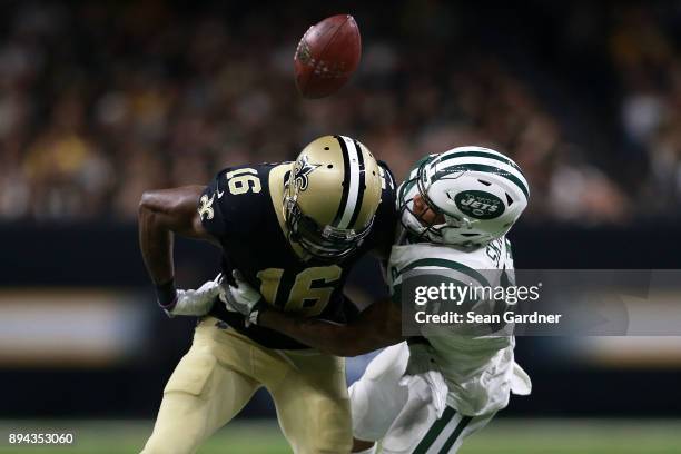 Cornerback Buster Skrine of the New York Jets forces a fumble on wide receiver Brandon Coleman of the New Orleans Saintsduring the second half of a...