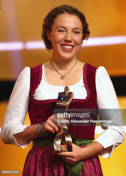Laura Dahlmeier poses with the 'Sportler des Jahres 2017' award during the 'Sportler des Jahres 2017' Gala at Kurhaus Baden-Baden on December 17,...