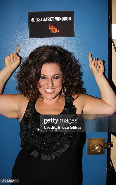 Marissa Jaret Winokur promotes Oxygen's hit show "Dance Your Ass Off" backstage at The Jimmy Fallon Show at NBC Studios on July 28, 2009 in New York...