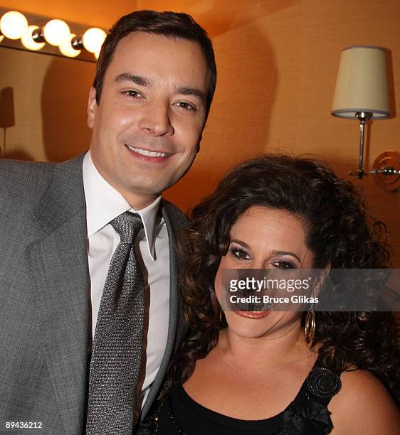 Jimmy Fallon and Marissa Jaret Winokur pose as she promotes Oxygen's hit show "Dance Your Ass Off" backstage at The Jimmy Fallon Show at NBC Studios...