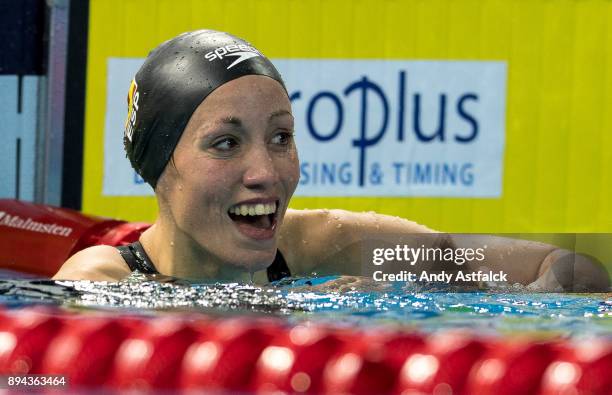 Jessica Vall Montero of Spain celebrates winning during the Women's Breaststroke Final during the European Short Course Swimming Championships on...