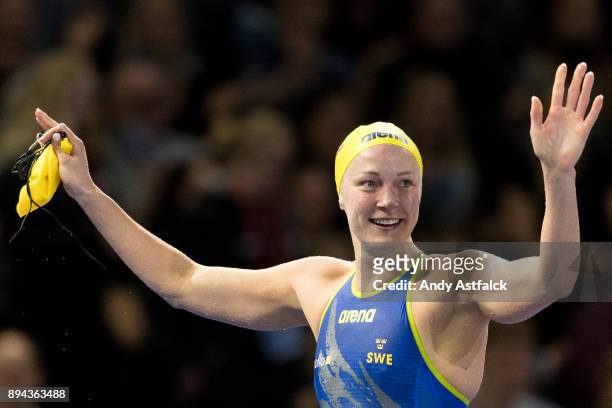 Sarah Sjoestroem of Sweden celebrates winning the Women's 100m Butterfly Final during the European Short Course Swimming Championships on December...
