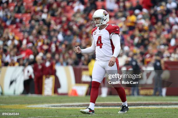 Phil Dawson of the Arizona Cardinals celebrates after kicking a field goal in the fourth quarter against the Washington Redskins at FedEx Field on...