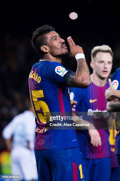 Paulinho of FC Barcelona celebrates after scoring his team's fourth goal during the La Liga match between FC Barcelona and Deportivo La Coruna at...