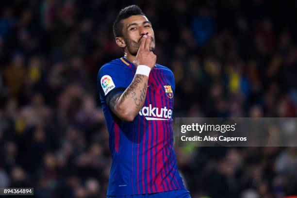 Paulinho of FC Barcelona celebrates after scoring his team's fourth goal during the La Liga match between FC Barcelona and Deportivo La Coruna at...