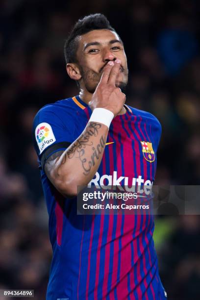 Paulinho of FC Barcelona celebrates after scoring his team's fourth goal during the La Liga match between FC Barcelona and Deportivo La Coruna at...