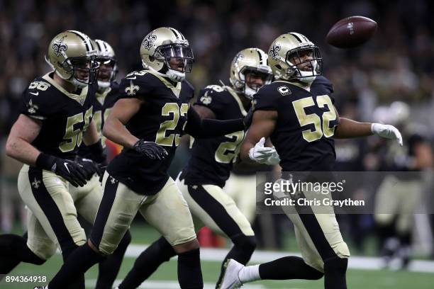 Craig Robertson of the New Orleans Saints reacts after an interception against the New York Jets at Mercedes-Benz Superdome on December 17, 2017 in...