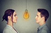 Cognitive skills ability concept, male vs female. Man and woman looking at bright light bulb isolated on gray wall background