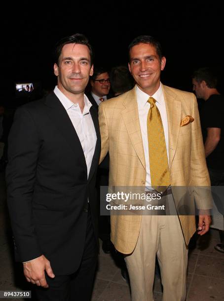 Actors Jon Hamm and James Caviezel attend the 2009 TCA AMC cocktail reception at The Langham Huntington Hotel on July 28, 2009 in Pasadena,...