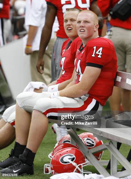 Georgia QBs Joe Cox and Matthew Stafford watch the action from the bench during the game against Western Kentucky at Sanford Stadium in Athens, GA on...