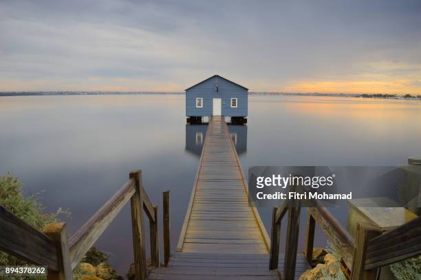 sunrise over the boathouse in the swan river in perth, western australia. - boathouse australia stock pictures, royalty-free photos & images