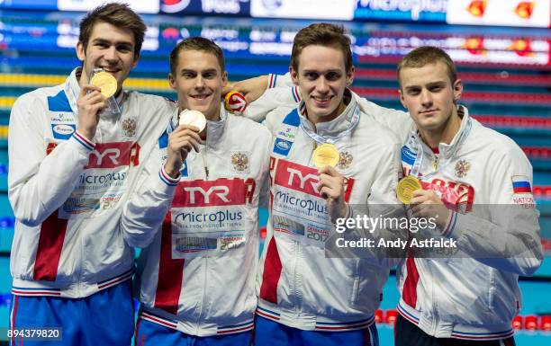 Kliment Kolesnikov, Aleksandr Popkov, Kirill Prigoda, Vladimir Morozov of Russia win Gold in World Record Time during the Men's 4x50m Medley Relay...