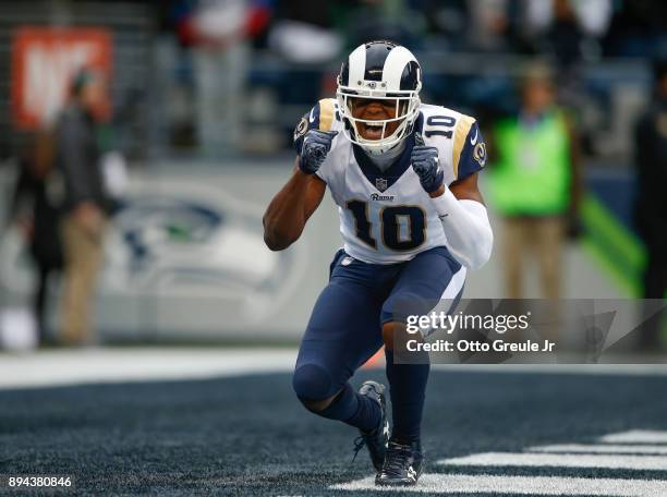 Wide receiver Pharoh Cooper of the Los Angeles Rams celebrates making a 53-yard return to the one-yard line against the Seattle Seahawks during the...