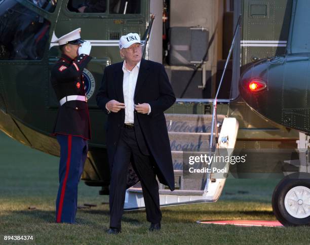 President Donald Trump arrives back at the White House on December 17, 2017 in Washington, DC. Trump is returning after an overnight stay at Camp...