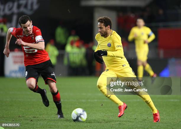 Neymar Jr of PSG, Romain Danze of Stade Rennais during the French Ligue 1 match between Stade Rennais and Paris Saint Germain at Roazhon Park on...