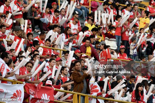 Fans of Santa Fe cheer for their team prior the second leg match between Millonarios and Santa Fe as part of the Liga Aguila II 2017 Final at Nemesio...