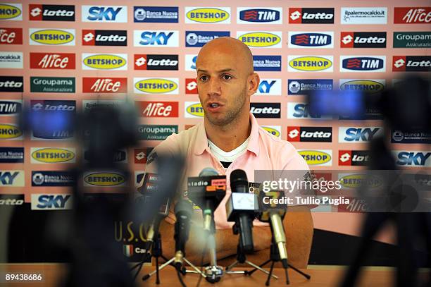 Giulio Migliaccio middlefield of U.S.Citt�di Palermo answers questions during a press conference after a training session at Sportarena on July 27,...