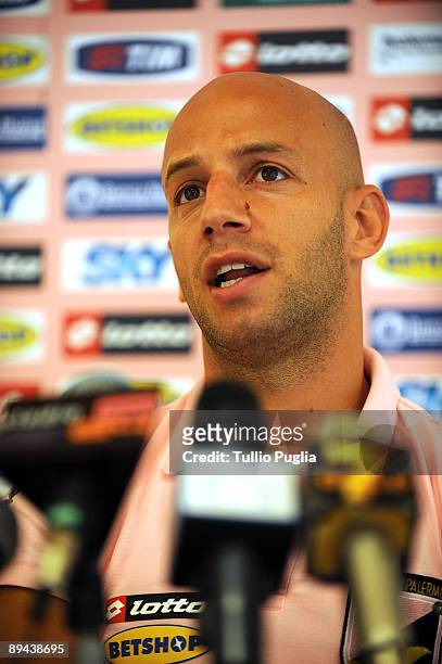 Giulio Migliaccio middlefield of U.S.Citt�di Palermo answers questions during a press conference after a training session at Sportarena on July 27,...