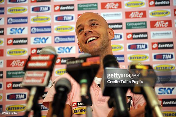 Giulio Migliaccio middlefield of U.S.Citt�di Palermo answers questions during a press conference after a training session at Sportarena on July 27,...