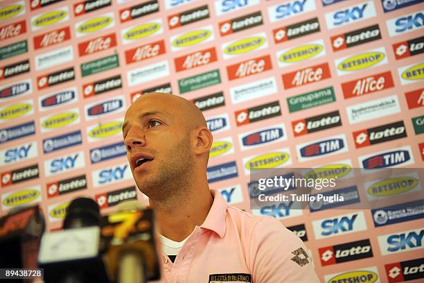 Giulio Migliaccio middlefield of U.S.Citt�di Palermo answers questions during a press conference after a training session at Sportarena on July 27,...