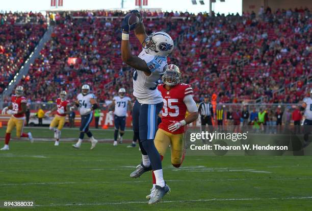 Rishard Matthews of the Tennessee Titans catches a 25-yard pass against the San Francisco 49ers during their NFL football game at Levi's Stadium on...