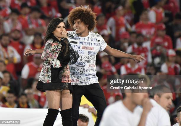 Martina La Peligrosa performs during a show, prior to the second leg match between Millonarios and Santa Fe as part of the Liga Aguila II 2017 Final...