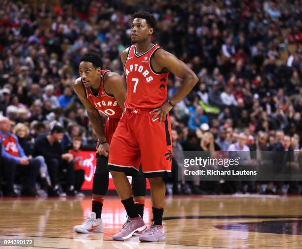 In first half action, Toronto Raptors guard Kyle Lowry and Toronto Raptors guard DeMar DeRozan watch a free throw. The Toronto Raptors took on the...