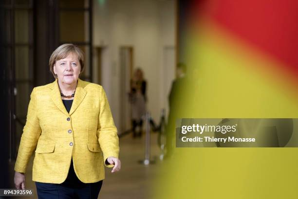 German Chancellor Angela Merkel arrives for a 2 days EU Summit in the Europa, the EU Council headquarter, on December 14, 2017 in Brussels, Belgium.