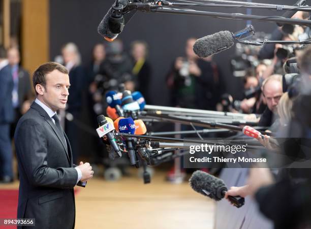 French President Emmanuel Macron arrives for a 2 days EU Summit in the Europa, the EU Council headquarter, on December 14, 2017 in Brussels, Belgium.