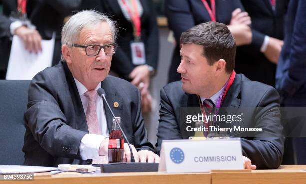 President of the European Commission Jean-Claude Juncker is talking with his cabinet chief Martin Selmayr prior a 2 days EU summit in the Europa, the...