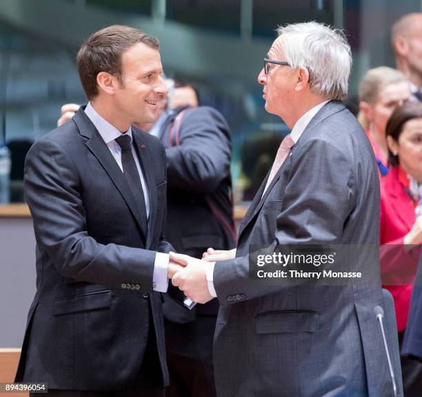 French President Emmanuel Macron and the President of the European Commission Jean-Claude Juncker attend a 2 days EU summit in the Europa, the EU...