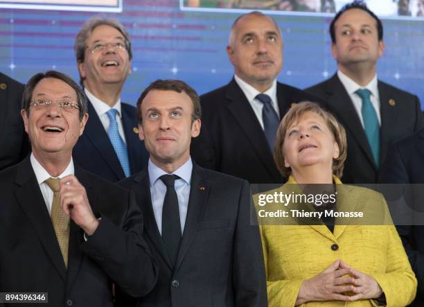 Leaders pose during a ceremony on the Permanent Structure Cooperation on the margin of an European Council in the Europa, the EU Council headquarter,...