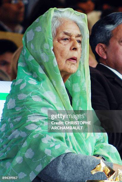 In this file photograph taken on February 18, 2007 at the Jaipur Polo Ground in New Delhi, honorary guest Maharani Gayatri Devi, the widow of the...